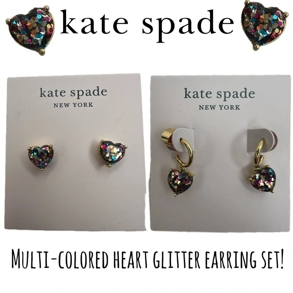 Kate Spade Multi-Glitter Heart Gold Hoops and Studs Matching 2 Hole Earrings Set